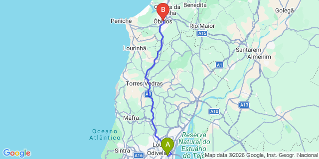Map: Lisbon Airport (LIS) to Obidos