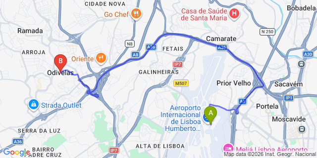 Map: Lisbon Airport (LIS) to Odivelas