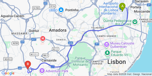 Map: Lisbon Airport (LIS) to Oeiras