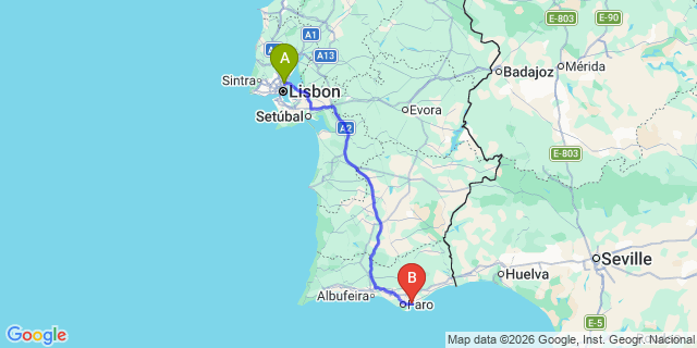 Map: Lisbon Airport (LIS) to Olhao