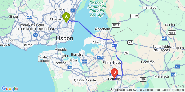 Map: Lisbon Airport (LIS) to Palmela