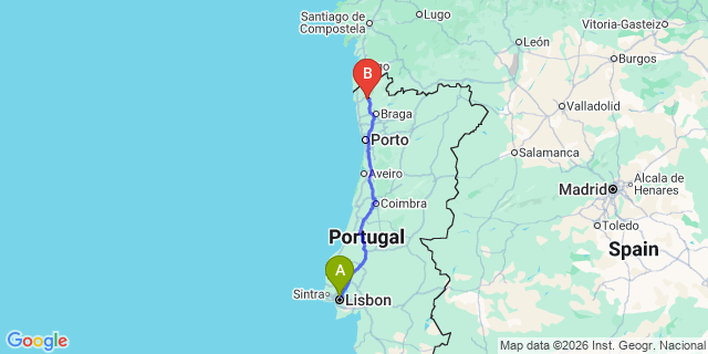 Map: Lisbon Airport (LIS) to Ponte de Lima