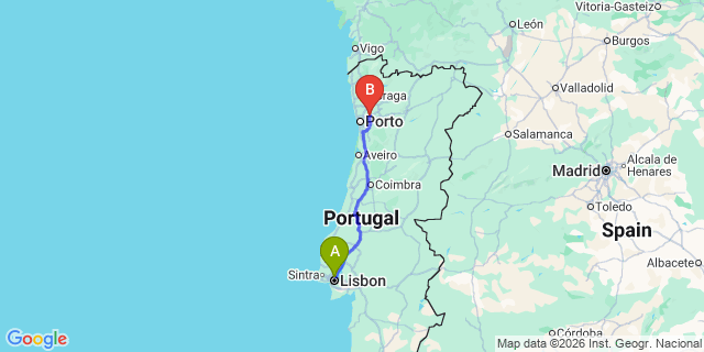 Map: Lisbon Airport (LIS) to Porto