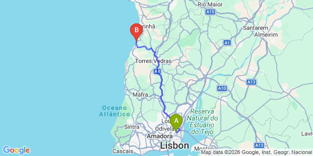 Map: Lisbon Airport (LIS) to Porto Novo