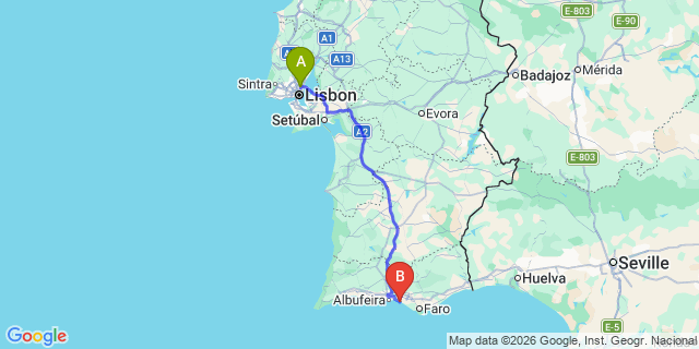 Map: Lisbon Airport (LIS) to Praia da Falesia