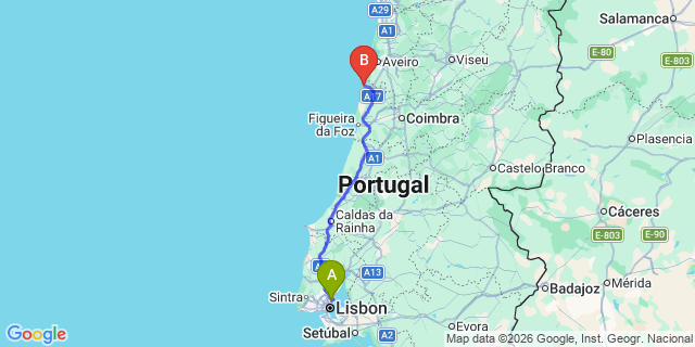 Map: Lisbon Airport (LIS) to Praia de Mira