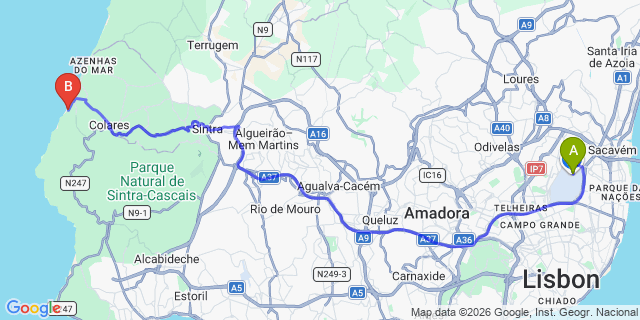Map: Lisbon Airport (LIS) to Praia Grande