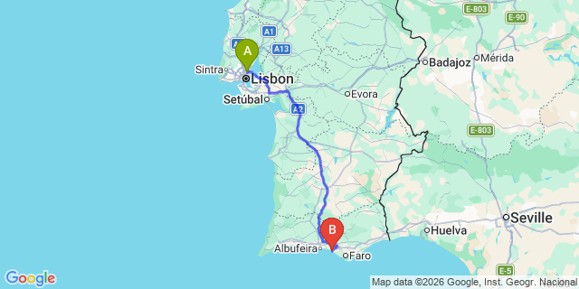 Map: Lisbon Airport (LIS) to Quarteira