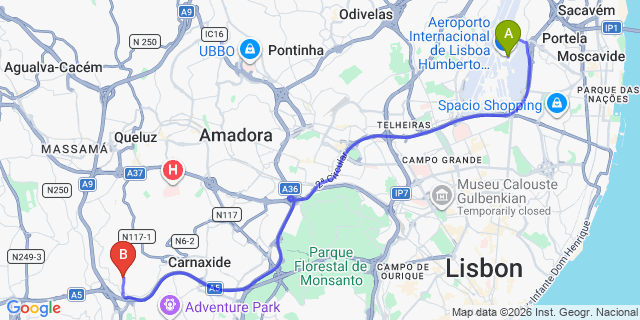 Map: Lisbon Airport (LIS) to Queijas