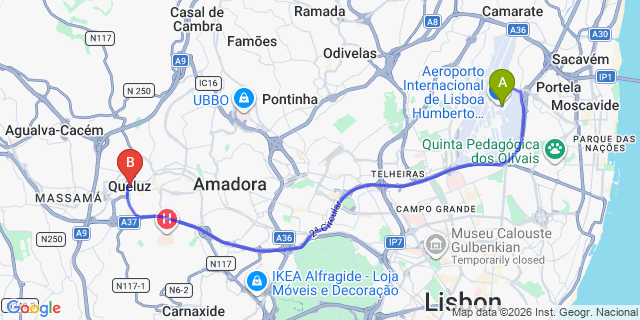 Map: Lisbon Airport (LIS) to Queluz