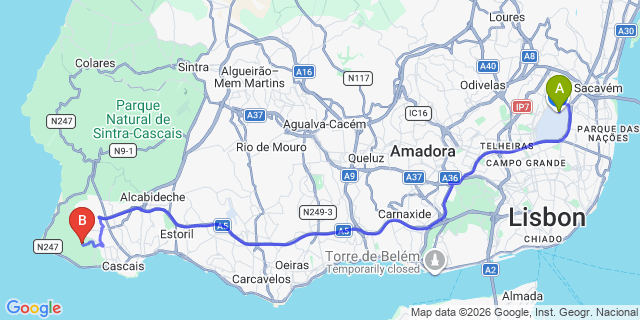Map: Lisbon Airport (LIS) to Quinta da Marinha