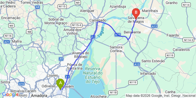 Map: Lisbon Airport (LIS) to Salvaterra de Magos
