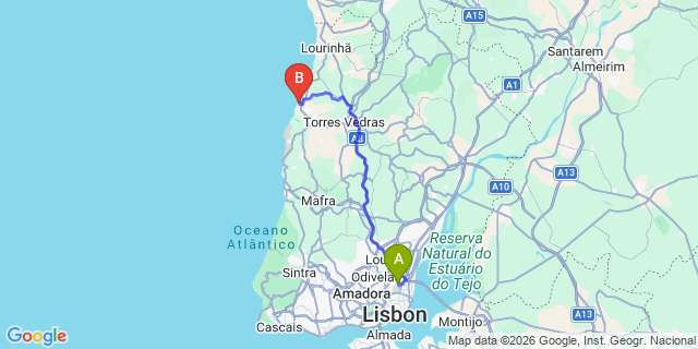 Map: Lisbon Airport (LIS) to Santa Cruz (Portugal)