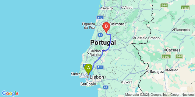 Map: Lisbon Airport (LIS) to Santiago da Guarda