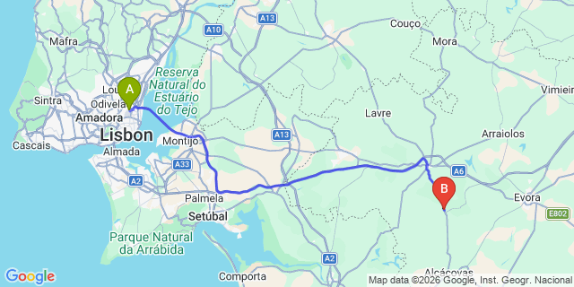 Map: Lisbon Airport (LIS) to Santiago do Escoural