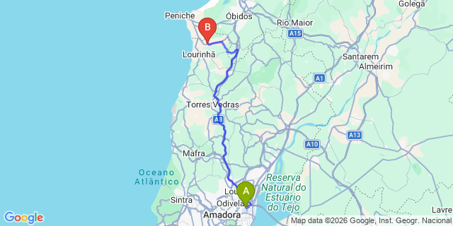 Map: Lisbon Airport (LIS) to São Bartolomeu dos Galegos