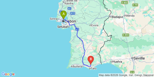 Map: Lisbon Airport (LIS) to Sao Bras de Alportel