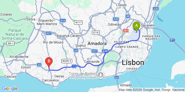 Map: Lisbon Airport (LIS) to São Domingos de Rana