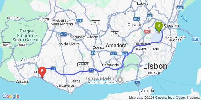 Map: Lisbon Airport (LIS) to Sao Joao do Estoril