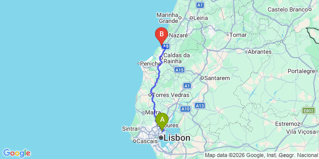 Map: Lisbon Airport (LIS) to São Martinho do Porto