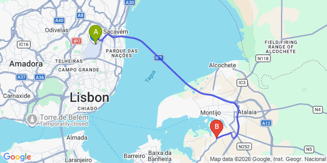 Map: Lisbon Airport (LIS) to Sarilhos Grandes