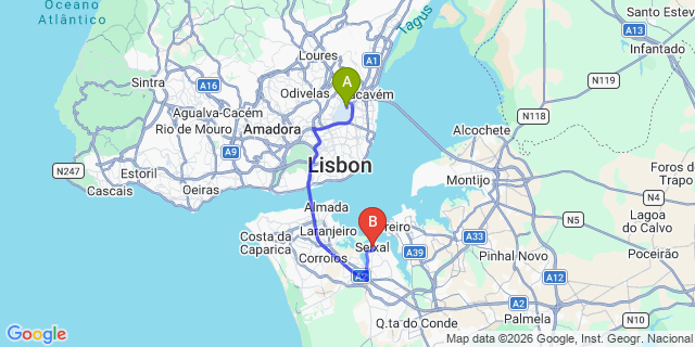 Map: Lisbon Airport (LIS) to Seixal