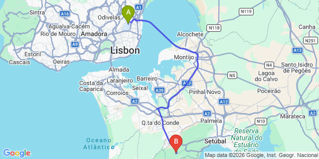 Map: Lisbon Airport (LIS) to Serra da Arrábida