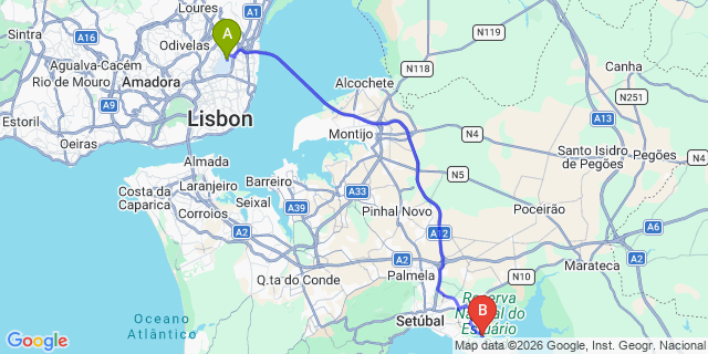 Map: Lisbon Airport (LIS) to Setubal