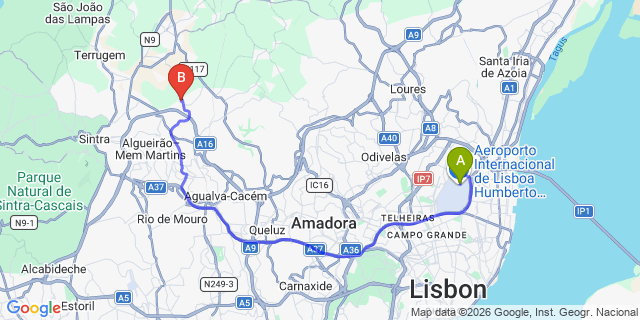 Map: Lisbon Airport (LIS) to Sintra