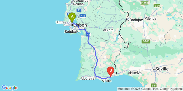 Map: Lisbon Airport (LIS) to Tavira