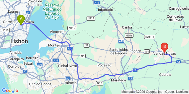 Map: Lisbon Airport (LIS) to Vendas Novas