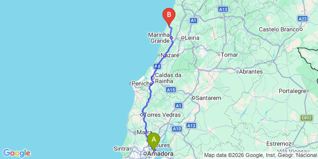 Map: Lisbon Airport (LIS) to Vieira de Leiria