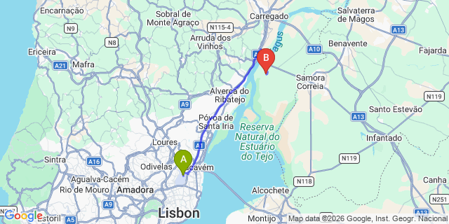 Map: Lisbon Airport (LIS) to Vila Franca de Xira