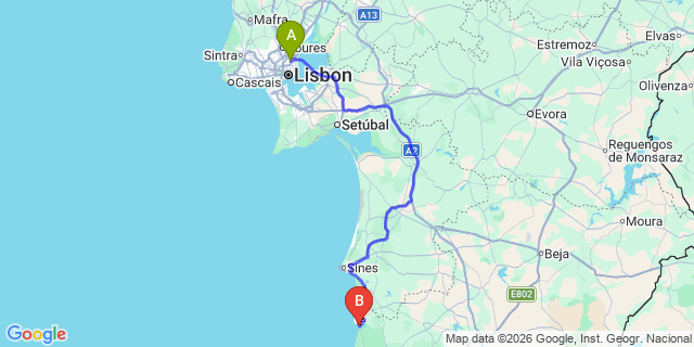 Map: Lisbon Airport (LIS) to Vila Nova de Milfontes