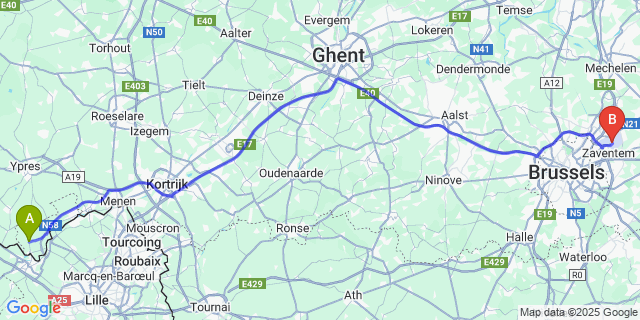 Map: Brussels Zaventem Airport (BRU) to Ploegsteert