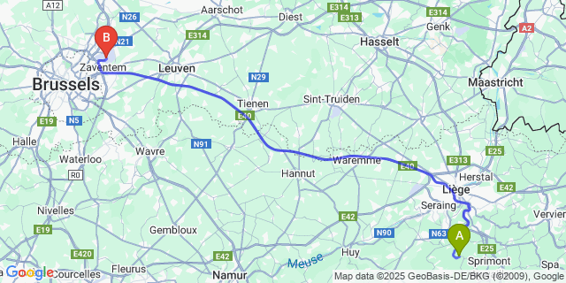 Map: Brussels Zaventem Airport (BRU) to Poulseur