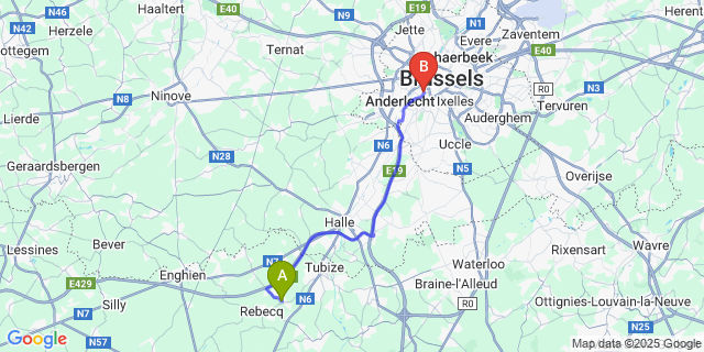 Map: Brussels Midi Train Station to Quenast