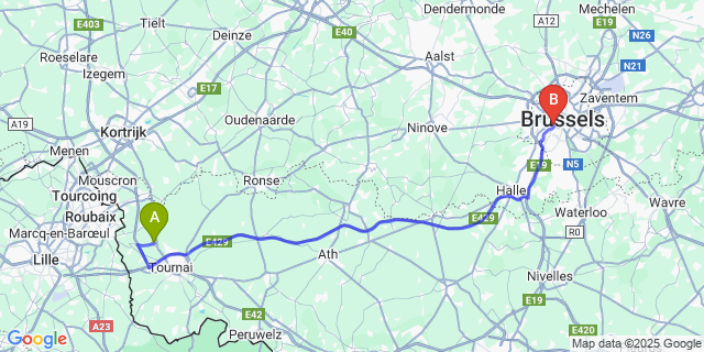 Map: Brussels Midi Train Station to Ramegnies-Chin