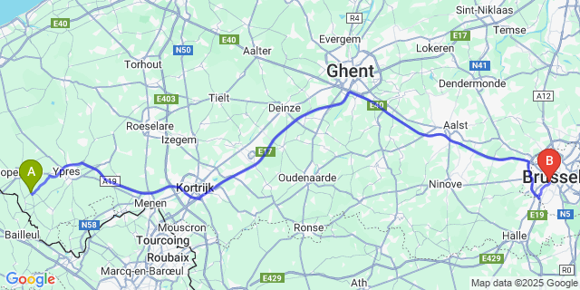 Map: Brussels Midi Train Station to Reningelst