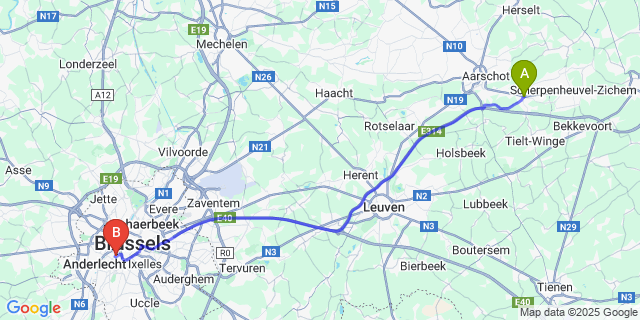 Map: Brussels Midi Train Station to Rillaar