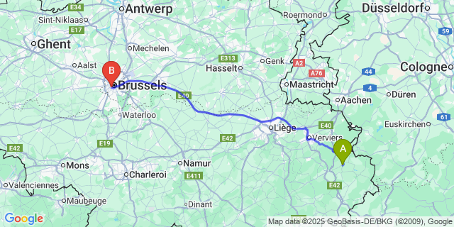 Map: Brussels Midi Train Station to Robertville