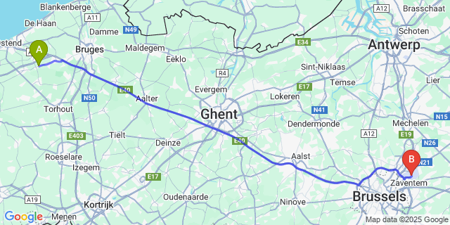 Map: Brussels Zaventem Airport (BRU) to Roksem