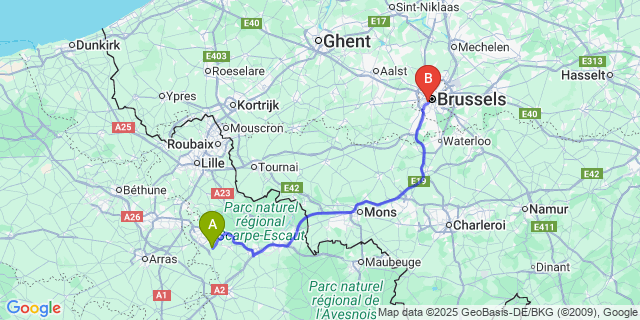 Map: Brussels Midi Train Station to Roucourt