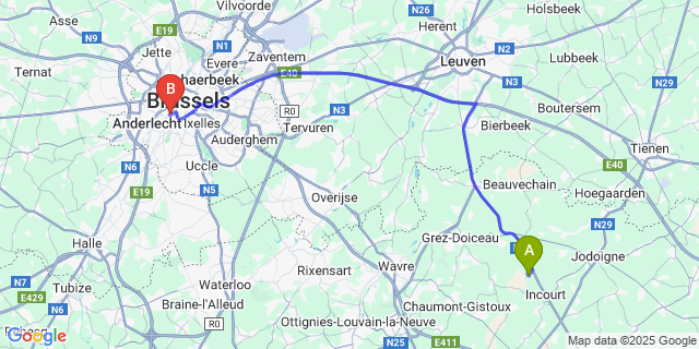 Map: Brussels Midi Train Station to Roux-Miroir