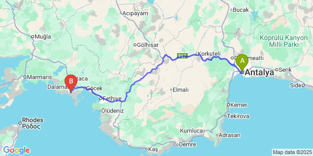 Map: Dalaman Airport (DLM) to Antalya