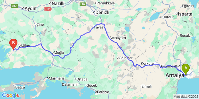 Map: Milas–Bodrum Airport (BJV) to Antalya