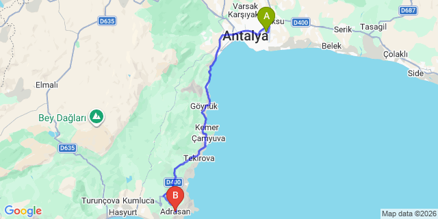 Map: Antalya Airport (AYT) to Adrasan