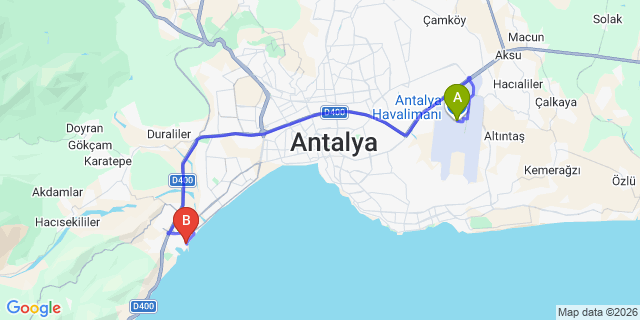 Map: Antalya Airport (AYT) to Antalya cruise port