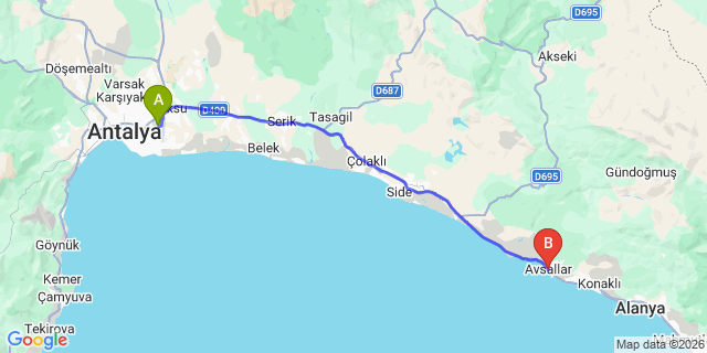 Map: Antalya Airport (AYT) to Avsallar