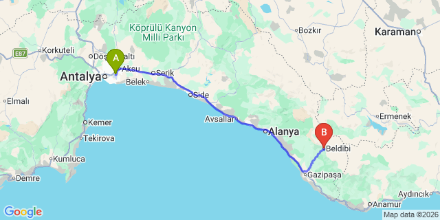 Map: Antalya Airport (AYT) to Beldibi